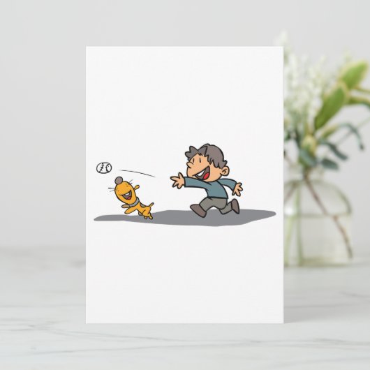 Fun Cartoon Boy and Dog Playing Fetch Einladung (Stehend Vorderseite)