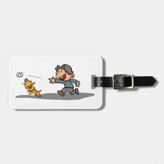Fun Cartoon Boy and Dog Playing Fetch Gepäckanhänger (Vorderseite horizontal)
