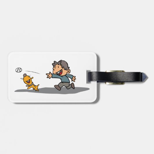 Fun Cartoon Boy and Dog Playing Fetch Gepäckanhänger (Rückseite horizontal)