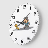 Fun Cartoon Boy and Dog Playing Fetch Große Wanduhr (Winkel)