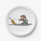 Fun Cartoon Boy and Dog Playing Fetch Pappteller (Vorderseite)