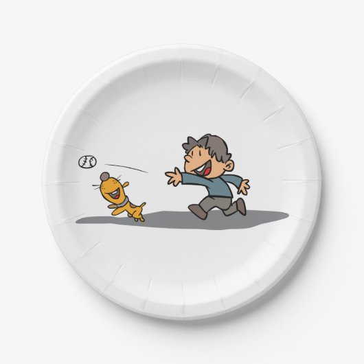 Fun Cartoon Boy and Dog Playing Fetch Pappteller (Vorderseite)