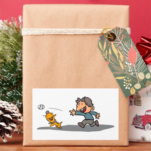 Fun Cartoon Boy and Dog Playing Fetch Rechteckiger Aufkleber