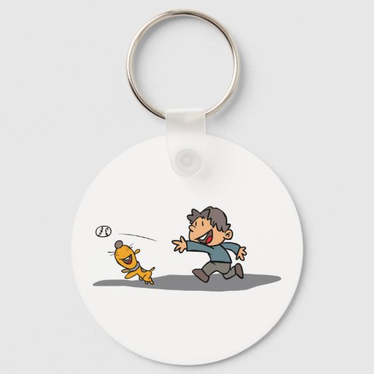 Fun Cartoon Boy and Dog Playing Fetch Schlüsselanhänger (Vorderseite)