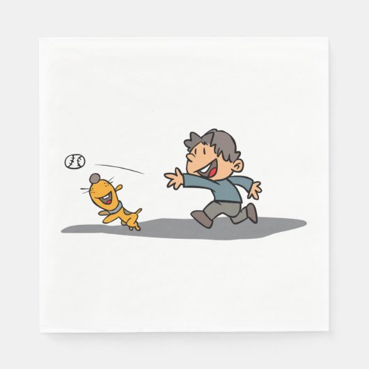 Fun Cartoon Boy and Dog Playing Fetch Serviette (Vorderseite)
