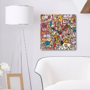 Fun Cartoon Caracter Hand Drawn Toss Pattern Kids Quadratische Wanduhr