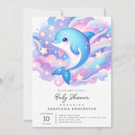 Fun Cartoon Dolphin Babydusche Einladung (Vorderseite)