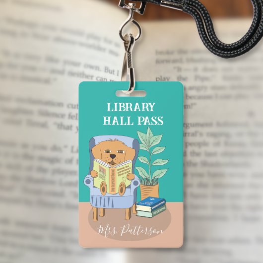 Fun Cartoon Reading Dog Library Hall Pass Badge Ausweis