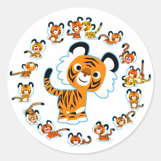Fun Cartoon Tigers Mandala (Blue Aufkleber) Runder Aufkleber (Vorderseite)