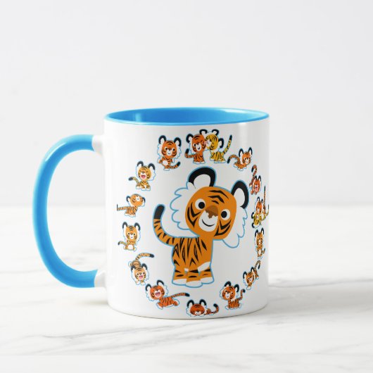 Fun Cartoon Tigers Mandala (Blue) Tasse (Links)