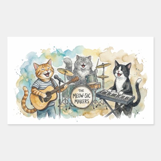 Fun Cat Band Music Piano Drums Keyboard Rechteckiger Aufkleber (Vorderseite)