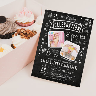 Fun Chalkboard Doodle Doppelfeier Geburtstag Einladung