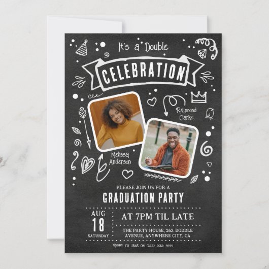 Fun Chalkboard Doodle Double Graduation Party Einladung (Vorderseite)