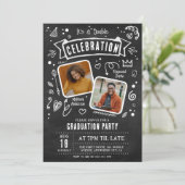 Fun Chalkboard Doodle Double Graduation Party Einladung (Stehend Vorderseite)