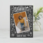 Fun Chalkboard Doodle Foto Abschluss Ankündigung (Stehend Vorderseite)