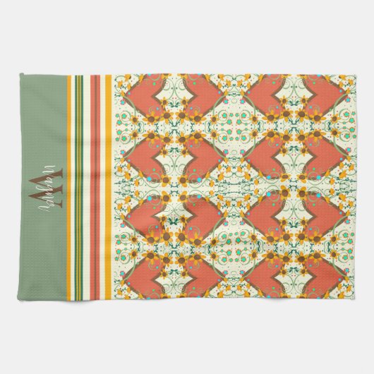 Fun Chic floral Stilvolles Herz Custom Anfangsname Geschirrtuch (Horizontal)