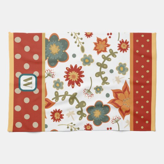 Fun Chic Moderne Dots Floral Monogram Initial Geschirrtuch (Horizontal)