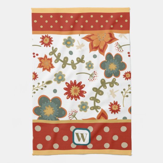 Fun Chic Moderne Dots Floral Monogram Initial Geschirrtuch (Vertikal)