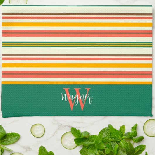 Fun Chic Stripe Stylish Custom Monogram Nachname Geschirrtuch