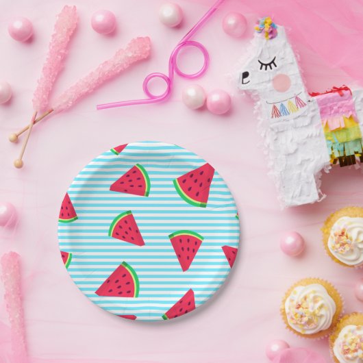 Fun Chic Watermelon Slices Blue Lines Pattern Pappteller (Party)