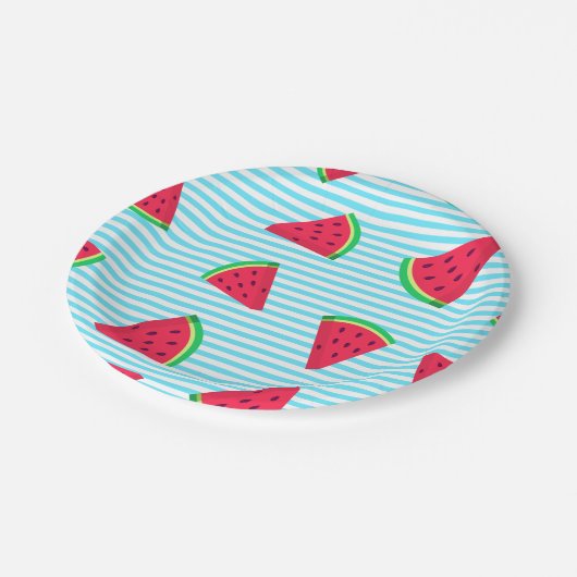 Fun Chic Watermelon Slices Blue Lines Pattern Pappteller (Schrägansicht)