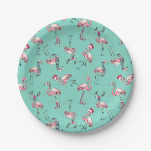 Fun Christmas Flamingos mit Weihnachtsmannmützen Pappteller