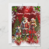 Fun Christmas Holiday Party Red Couple Dog Einladung (Vorderseite)