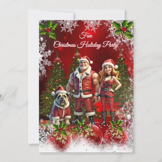 Fun Christmas Holiday Party Red Couple Dog Einladung (Vorderseite)
