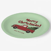 Fun Christmas party plates with red truck and tree Pappteller (Schrägansicht)