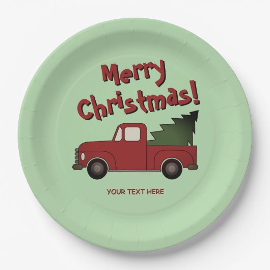 Fun Christmas party plates with red truck and tree Pappteller (Vorderseite)