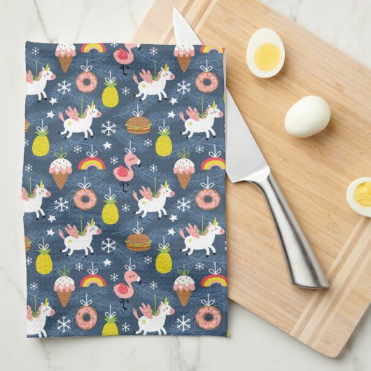 Fun Christmas Unicorns und Flamingos Muster Geschirrtuch (Viertel Falte)