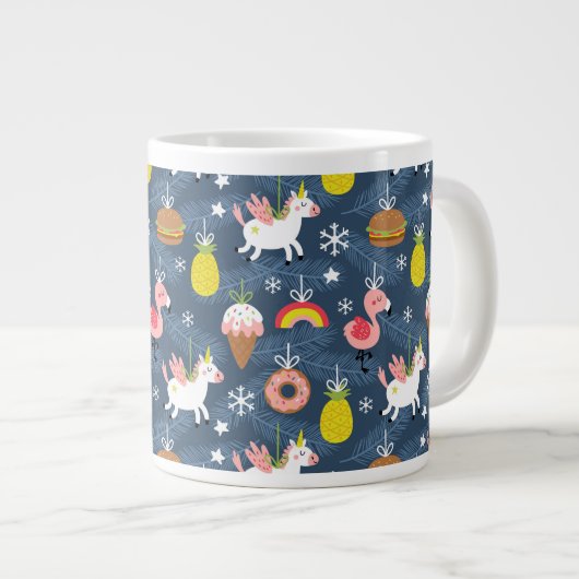 Fun Christmas Unicorns und Flamingos Muster Jumbo-Tasse (Vorderseite Rechts)