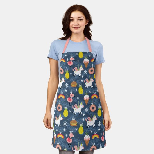 Fun Christmas Unicorns und Flamingos Muster Schürze (Getragen)