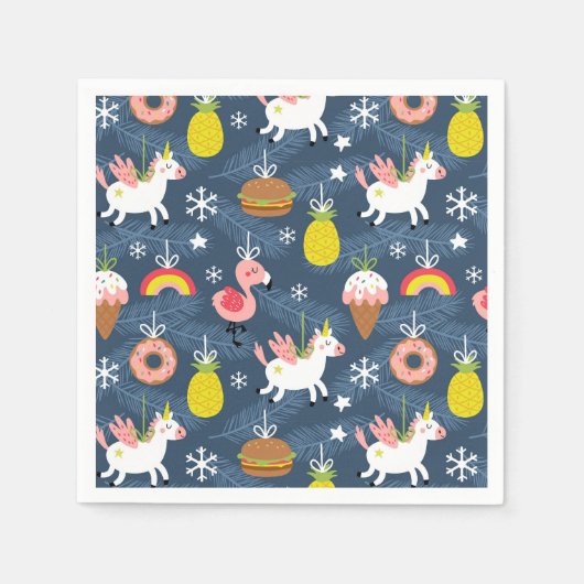 Fun Christmas Unicorns und Flamingos Muster Serviette (Vorderseite)