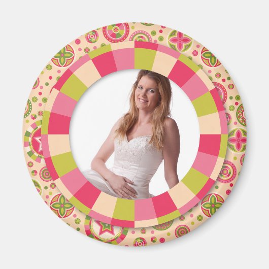Fun Circle Frame - rosa Blatt auf Muster Magnet (Vorne)