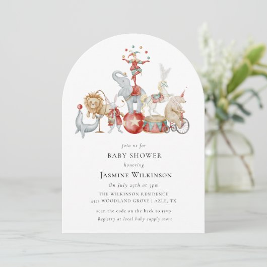 fun Circus Baby Shower with qr code Invitation Einladung (Stehend Vorderseite)