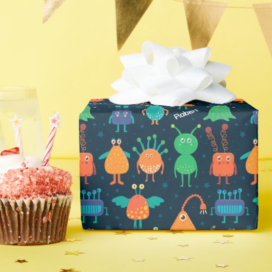 Fun Colorful Alien Pattern für Kinder auf blauem P Geschenkpapier (Geburtstagsparty)