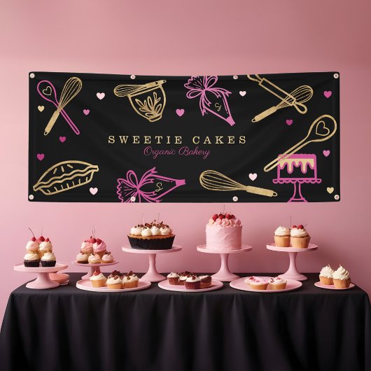 Fun Colorful Baking & Cooking Utensil Black & Gold Banner