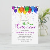 Fun Colorful Balloon Wunderland 1. Geburtstag Einladung (Stehend Vorderseite)