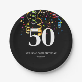 Fun Colorful Confetti Ribbon Black 50 Geburtstag Pappteller