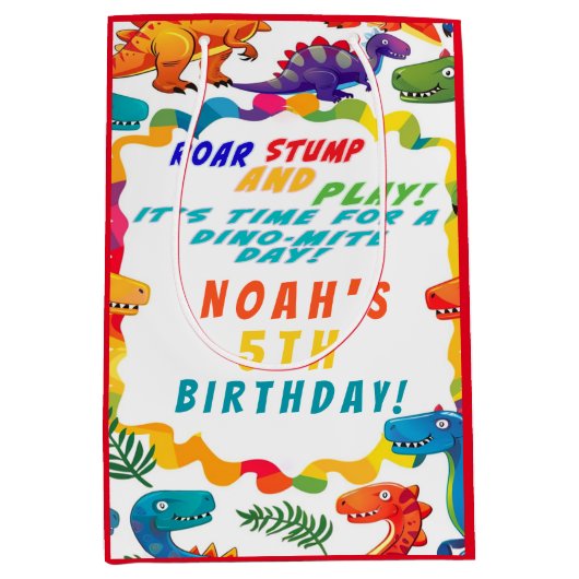 Fun Colorful Dinosaur Themed Dino-Mite Mittlere Geschenktüte (Vorderseite)