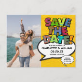 Fun Comic Buch Save the Date Foto Ankündigungspostkarte (Vorderseite)