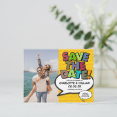 Fun Comic Buch Save the Date Foto Ankündigungspostkarte (Stehend Vorderseite)