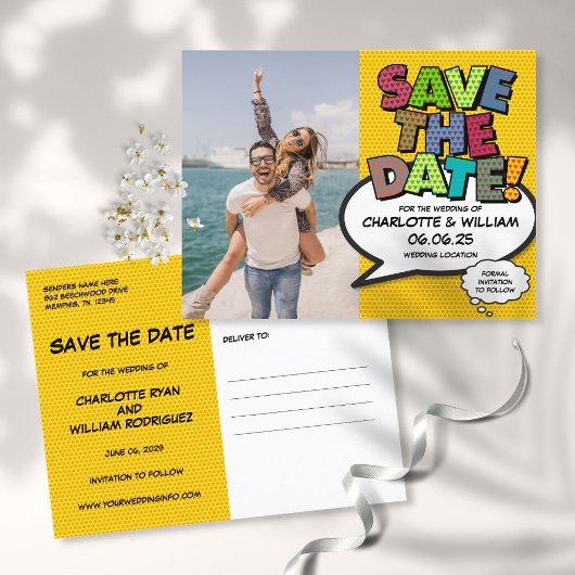 Fun Comic Buch Save the Date Foto Ankündigungspostkarte