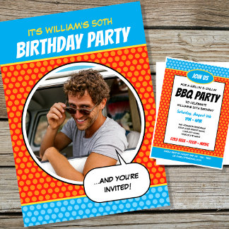 Fun Comic Style Any Age Birthday Party BBQ Orange Einladung
