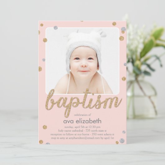 Fun Confetti Taufe Einladung - Rosa (Stehend Vorderseite)