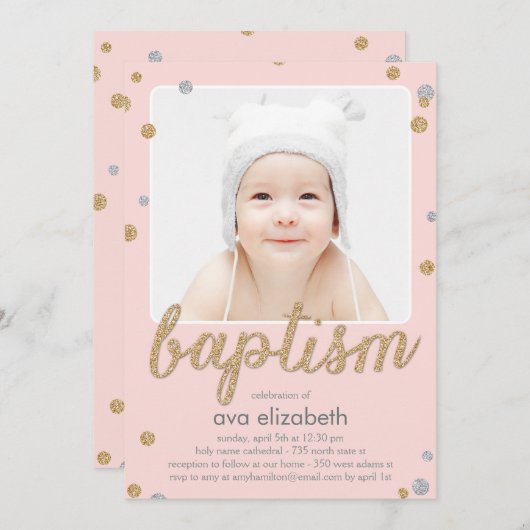 Fun Confetti Taufe Einladung - Rosa (Vorne/Hinten)