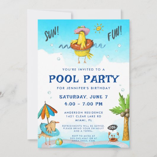 Fun Cool Pool Party Geburtstag Einladung (Vorderseite)