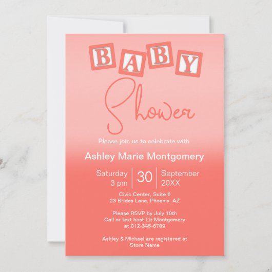 Fun Coral Ombre BABY blockt Gender Neutral Dusche Einladung (Vorderseite)