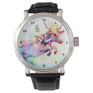 Fun Cow Design Regenbogen Aquarell Kunst Mit Monog Armbanduhr